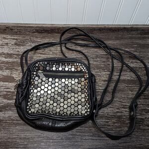 Deena And Ozzy Women's Black Leather 6x6 Metal Studded Crossbody Bag